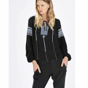 PARKER | Blue Acre Peasant Blouse | Small | Black, Embroidered | Like New